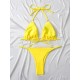 Backless Bandage Hollow Solid Color Padded Halter-Neck Bikini Swimsuit Backless Bandage Hollow Solid Color Padded Halter-Neck Bikini Swimsuit
