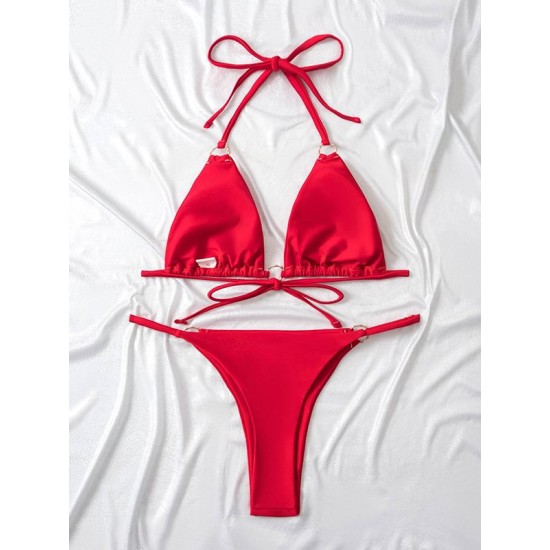 Backless Bandage Hollow Solid Color Padded Halter-Neck Bikini Swimsuit Backless Bandage Hollow Solid Color Padded Halter-Neck Bikini Swimsuit