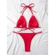 Backless Bandage Hollow Solid Color Padded Halter-Neck Bikini Swimsuit Backless Bandage Hollow Solid Color Padded Halter-Neck Bikini Swimsuit
