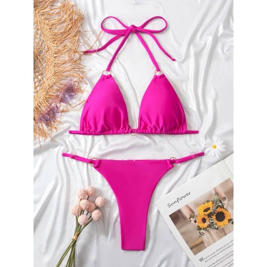 Backless Bandage Hollow Solid Color Padded Halter-Neck Bikini Swimsuit Backless Bandage Hollow Solid Color Padded Halter-Neck Bikini Swimsuit