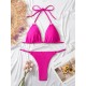 Backless Bandage Hollow Solid Color Padded Halter-Neck Bikini Swimsuit Backless Bandage Hollow Solid Color Padded Halter-Neck Bikini Swimsuit