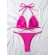 Backless Bandage Hollow Solid Color Padded Halter-Neck Bikini Swimsuit Backless Bandage Hollow Solid Color Padded Halter-Neck Bikini Swimsuit