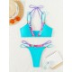 Padded Bandage Beads Color-Block Printed Spaghetti-Neck Bikini Swimsuit Padded Bandage Beads Color-Block Printed Spaghetti-Neck Bikini Swimsuit