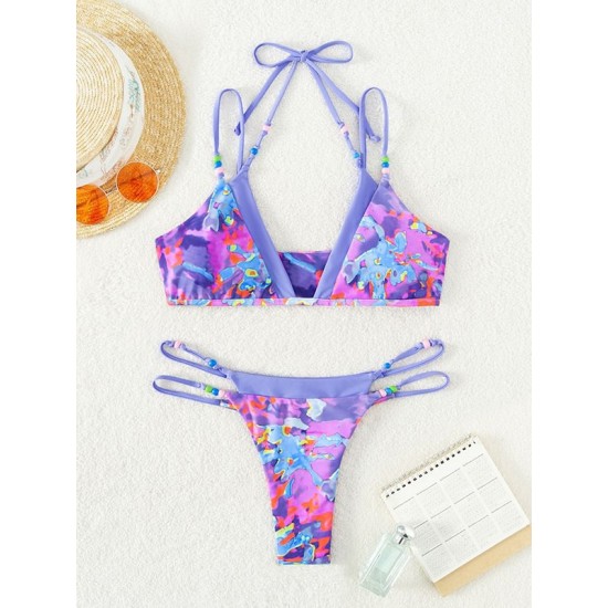 Padded Bandage Beads Color-Block Printed Spaghetti-Neck Bikini Swimsuit Padded Bandage Beads Color-Block Printed Spaghetti-Neck Bikini Swimsuit