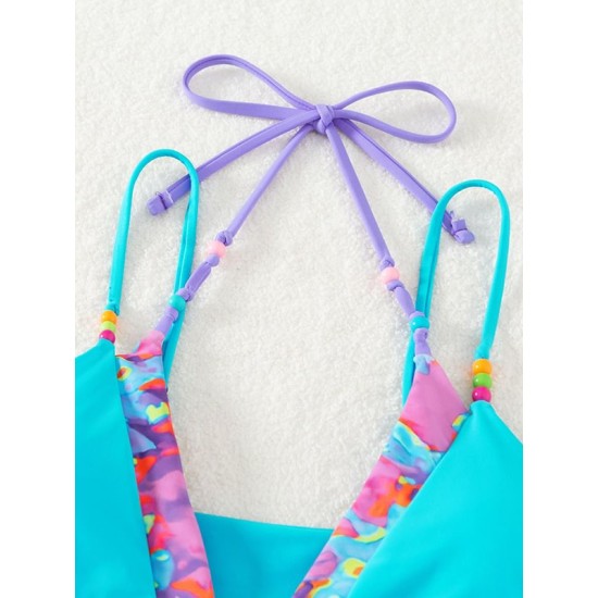 Padded Bandage Beads Color-Block Printed Spaghetti-Neck Bikini Swimsuit Padded Bandage Beads Color-Block Printed Spaghetti-Neck Bikini Swimsuit