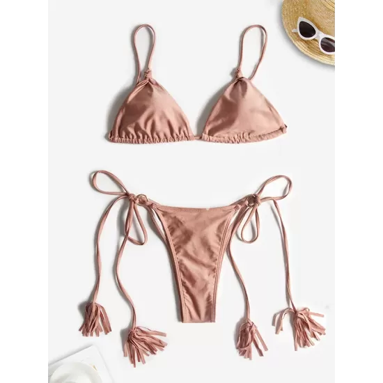 Padded Back Cross Bandage Hollow Tasseled Spaghetti-Neck Bikini Swimsuit Padded Back Cross Bandage Hollow Tasseled Spaghetti-Neck Bikini Swimsuit