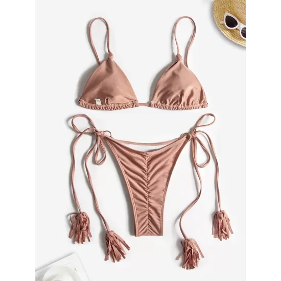 Padded Back Cross Bandage Hollow Tasseled Spaghetti-Neck Bikini Swimsuit Padded Back Cross Bandage Hollow Tasseled Spaghetti-Neck Bikini Swimsuit