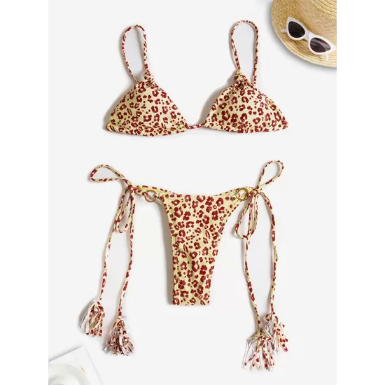 Padded Back Cross Bandage Hollow Tasseled Spaghetti-Neck Bikini Swimsuit Padded Back Cross Bandage Hollow Tasseled Spaghetti-Neck Bikini Swimsuit