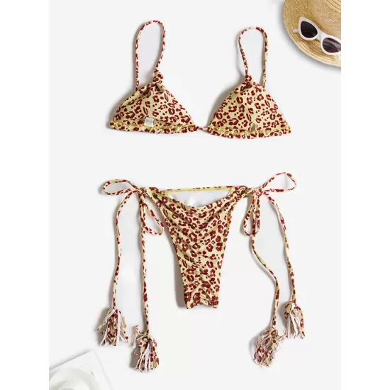 Padded Back Cross Bandage Hollow Tasseled Spaghetti-Neck Bikini Swimsuit Padded Back Cross Bandage Hollow Tasseled Spaghetti-Neck Bikini Swimsuit
