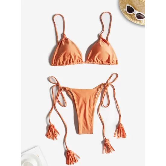 Padded Back Cross Bandage Hollow Tasseled Spaghetti-Neck Bikini Swimsuit Padded Back Cross Bandage Hollow Tasseled Spaghetti-Neck Bikini Swimsuit