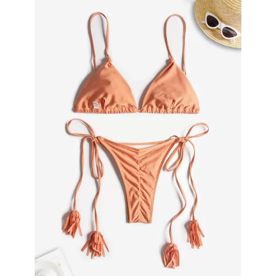 Padded Back Cross Bandage Hollow Tasseled Spaghetti-Neck Bikini Swimsuit Padded Back Cross Bandage Hollow Tasseled Spaghetti-Neck Bikini Swimsuit