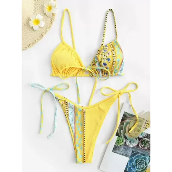 Backless Bandage Floral Printed Padded Spaghetti-Neck Bikini Swimsuit Backless Bandage Floral Printed Padded Spaghetti-Neck Bikini Swimsuit