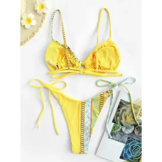 Backless Bandage Floral Printed Padded Spaghetti-Neck Bikini Swimsuit Backless Bandage Floral Printed Padded Spaghetti-Neck Bikini Swimsuit