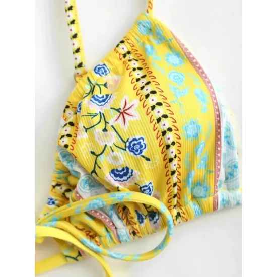 Backless Bandage Floral Printed Padded Spaghetti-Neck Bikini Swimsuit Backless Bandage Floral Printed Padded Spaghetti-Neck Bikini Swimsuit