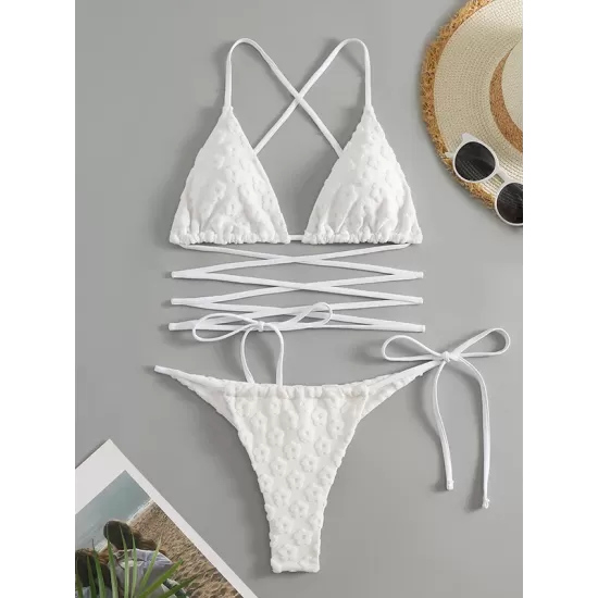 Padded Back Cross Bandage Flower Shape Hollow Solid Color Bikini Swimsuit Padded Back Cross Bandage Flower Shape Hollow Solid Color Bikini Swimsuit