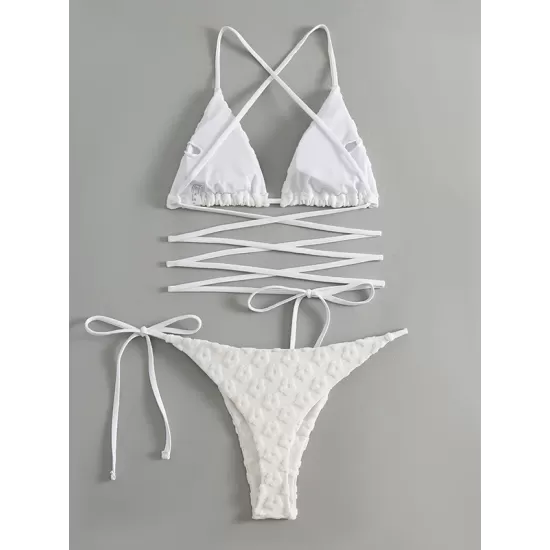 Padded Back Cross Bandage Flower Shape Hollow Solid Color Bikini Swimsuit Padded Back Cross Bandage Flower Shape Hollow Solid Color Bikini Swimsuit