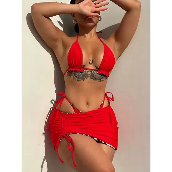 Three-piece Suit Backless Bandage Leopard Halter-Neck Reversible Bikini Swimsuit Three-piece Suit Backless Bandage Leopard Halter-Neck Reversible Bikini Swimsuit