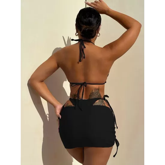 Three-piece Suit Backless Bandage Leopard Halter-Neck Reversible Bikini Swimsuit Three-piece Suit Backless Bandage Leopard Halter-Neck Reversible Bikini Swimsuit