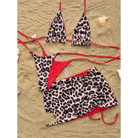 Three-piece Suit Backless Bandage Leopard Halter-Neck Reversible Bikini Swimsuit Three-piece Suit Backless Bandage Leopard Halter-Neck Reversible Bikini Swimsuit