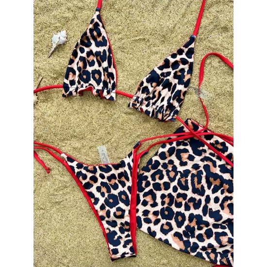 Three-piece Suit Backless Bandage Leopard Halter-Neck Reversible Bikini Swimsuit Three-piece Suit Backless Bandage Leopard Halter-Neck Reversible Bikini Swimsuit