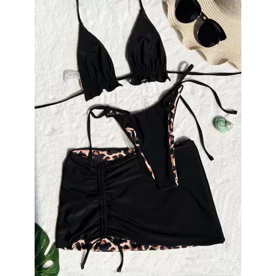 Three-piece Suit Backless Bandage Leopard Halter-Neck Reversible Bikini Swimsuit Three-piece Suit Backless Bandage Leopard Halter-Neck Reversible Bikini Swimsuit