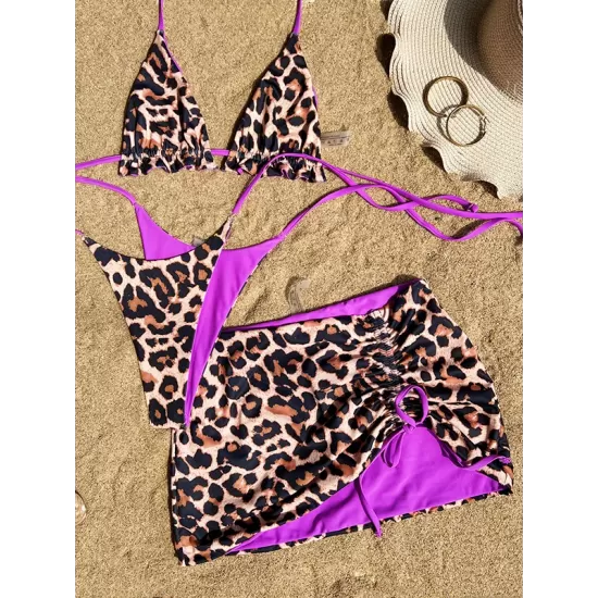 Three-piece Suit Backless Bandage Leopard Halter-Neck Reversible Bikini Swimsuit Three-piece Suit Backless Bandage Leopard Halter-Neck Reversible Bikini Swimsuit