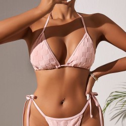 Padded Backless Bandage Checkerboard Solid Color Bikini Swimsuit