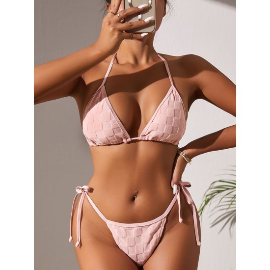 Padded Backless Bandage Checkerboard Solid Color Bikini Swimsuit Padded Backless Bandage Checkerboard Solid Color Bikini Swimsuit