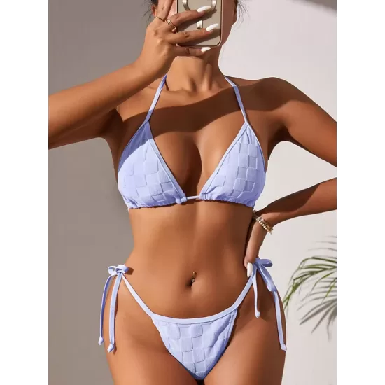 Padded Backless Bandage Checkerboard Solid Color Bikini Swimsuit Padded Backless Bandage Checkerboard Solid Color Bikini Swimsuit