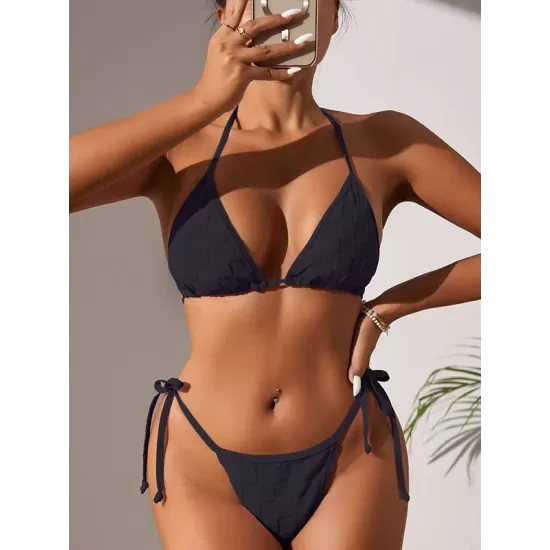 Padded Backless Bandage Checkerboard Solid Color Bikini Swimsuit Padded Backless Bandage Checkerboard Solid Color Bikini Swimsuit