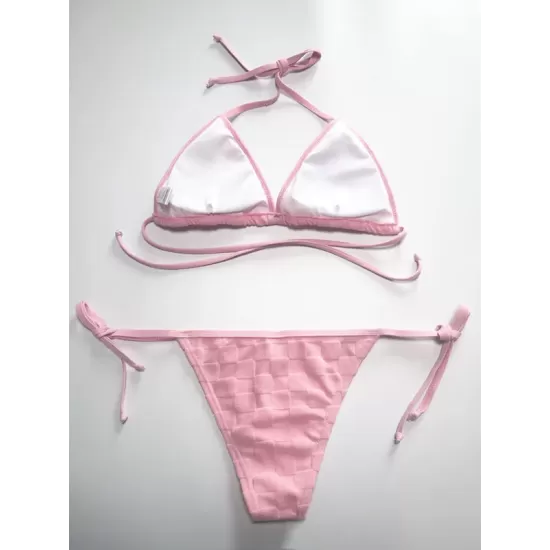 Padded Backless Bandage Checkerboard Solid Color Bikini Swimsuit Padded Backless Bandage Checkerboard Solid Color Bikini Swimsuit