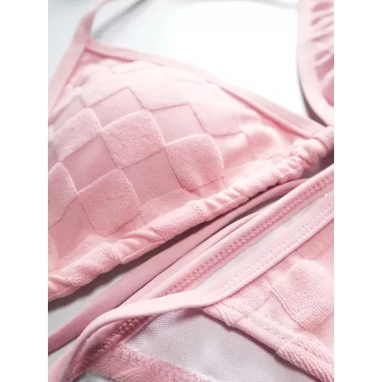 Padded Backless Bandage Checkerboard Solid Color Bikini Swimsuit Padded Backless Bandage Checkerboard Solid Color Bikini Swimsuit