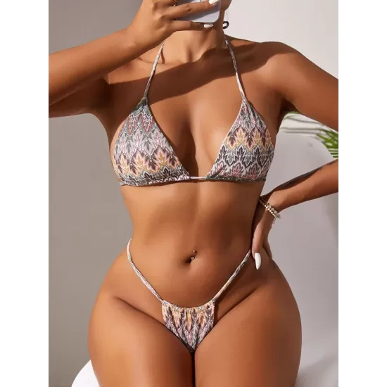 Padded Backless Bandage Multi-Colored Printing Bikini Swimsuit Padded Backless Bandage Multi-Colored Printing Bikini Swimsuit