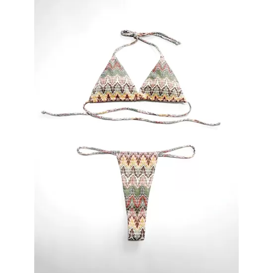 Padded Backless Bandage Multi-Colored Printing Bikini Swimsuit Padded Backless Bandage Multi-Colored Printing Bikini Swimsuit