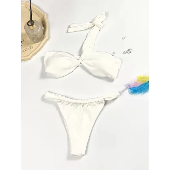 Ribbed Solid Color Padded One-Shoulder Bikini Swimsuit Ribbed Solid Color Padded One-Shoulder Bikini Swimsuit