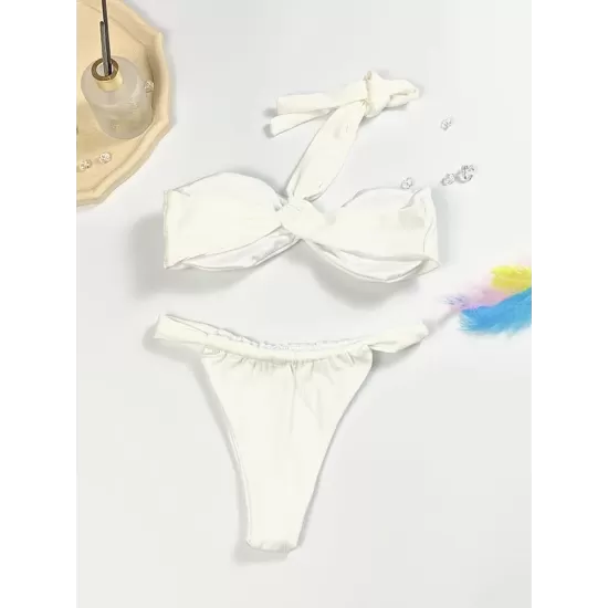 Ribbed Solid Color Padded One-Shoulder Bikini Swimsuit Ribbed Solid Color Padded One-Shoulder Bikini Swimsuit