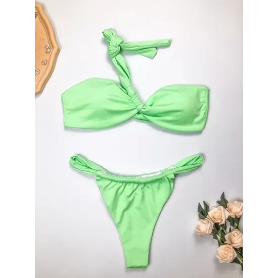 Ribbed Solid Color Padded One-Shoulder Bikini Swimsuit Ribbed Solid Color Padded One-Shoulder Bikini Swimsuit