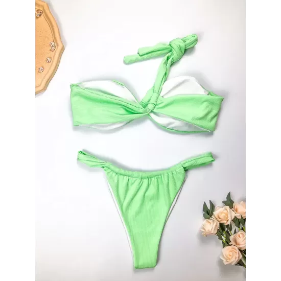 Ribbed Solid Color Padded One-Shoulder Bikini Swimsuit Ribbed Solid Color Padded One-Shoulder Bikini Swimsuit