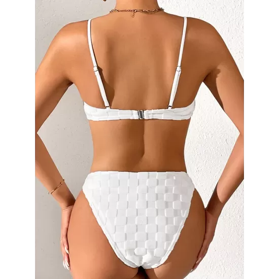 Padded Checkerboard Hollow Spaghetti-Neck Bikini Swimsuit Padded Checkerboard Hollow Spaghetti-Neck Bikini Swimsuit