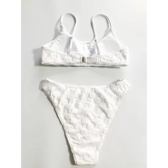 Padded Checkerboard Hollow Spaghetti-Neck Bikini Swimsuit Padded Checkerboard Hollow Spaghetti-Neck Bikini Swimsuit