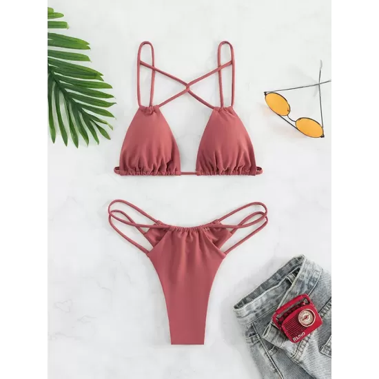 Backless Belly-Hollow Solid Color Padded Bikini Swimsuit Backless Belly-Hollow Solid Color Padded Bikini Swimsuit