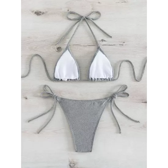 Backless Bandage Solid Color Padded Halter-Neck Bikini Swimsuit Backless Bandage Solid Color Padded Halter-Neck Bikini Swimsuit