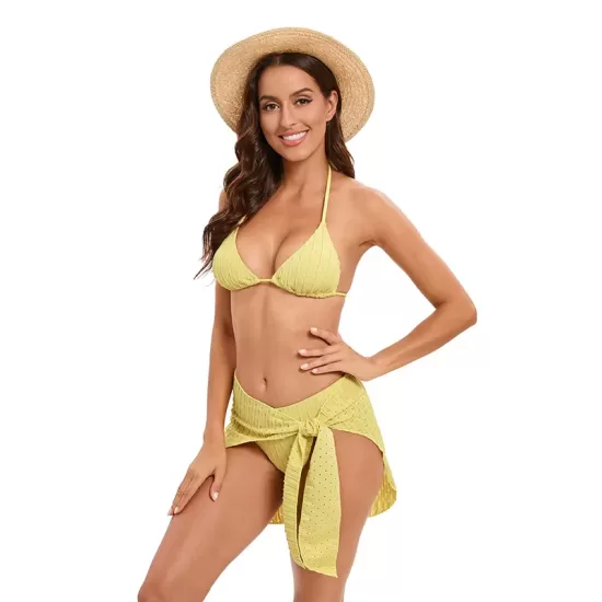 Three-piece Set Padded Backless Solid Color Halter-Neck Bikini Swimsuit Three-piece Set Padded Backless Solid Color Halter-Neck Bikini Swimsuit