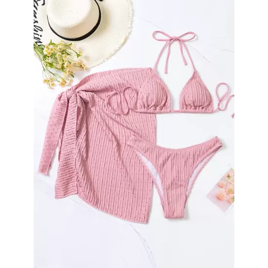 Three-piece Set Padded Backless Solid Color Halter-Neck Bikini Swimsuit Three-piece Set Padded Backless Solid Color Halter-Neck Bikini Swimsuit