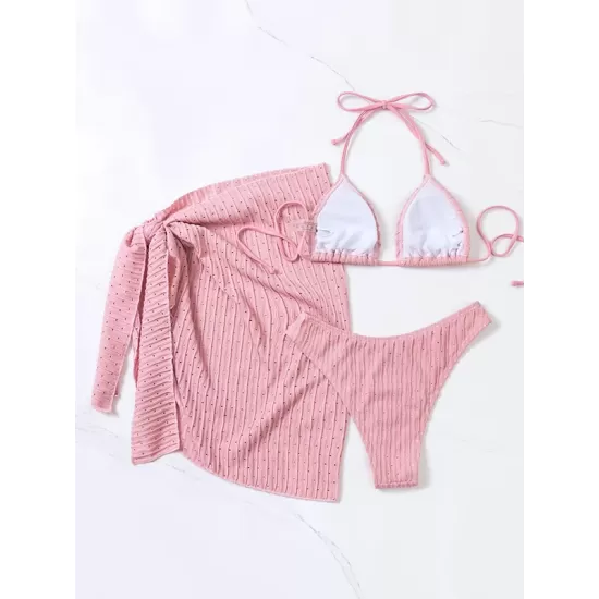 Three-piece Set Padded Backless Solid Color Halter-Neck Bikini Swimsuit Three-piece Set Padded Backless Solid Color Halter-Neck Bikini Swimsuit