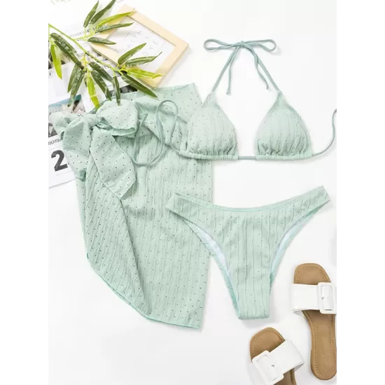 Three-piece Set Padded Backless Solid Color Halter-Neck Bikini Swimsuit Three-piece Set Padded Backless Solid Color Halter-Neck Bikini Swimsuit