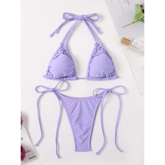 Backless Drawstring Hollow Solid Color Padded Halter-Neck Bikini Swimsuit Backless Drawstring Hollow Solid Color Padded Halter-Neck Bikini Swimsuit