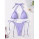Backless Drawstring Hollow Solid Color Padded Halter-Neck Bikini Swimsuit Backless Drawstring Hollow Solid Color Padded Halter-Neck Bikini Swimsuit