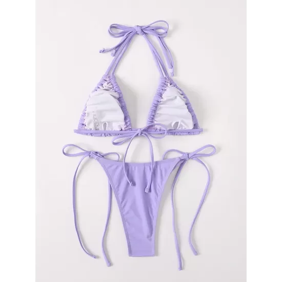 Backless Drawstring Hollow Solid Color Padded Halter-Neck Bikini Swimsuit Backless Drawstring Hollow Solid Color Padded Halter-Neck Bikini Swimsuit