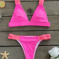 Contrast Color Hollow Padded Spaghetti-Neck Bikini Swimsuit